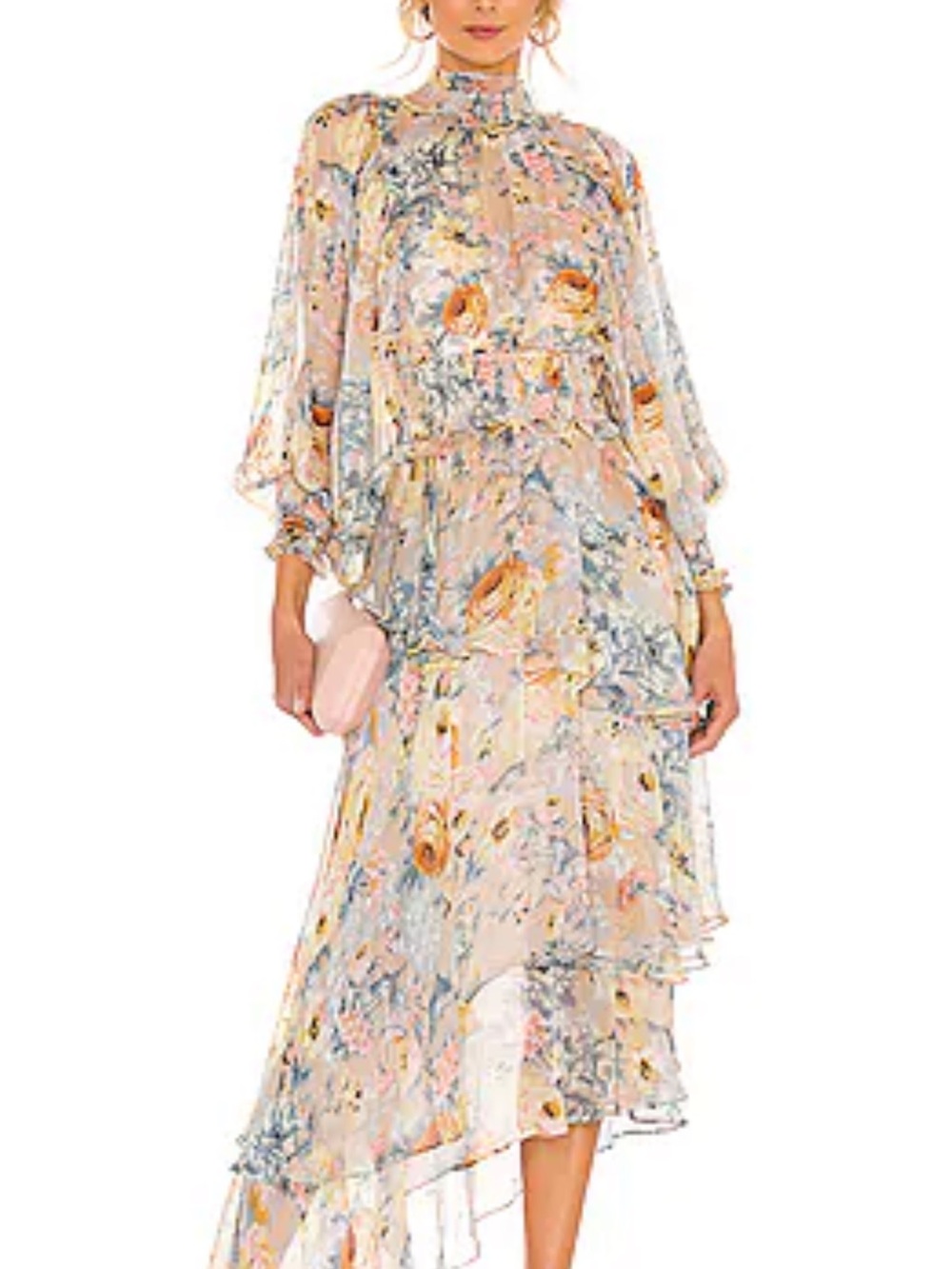 Romantic Blush Pink Floral High-Neck High-Low Maxi Dress